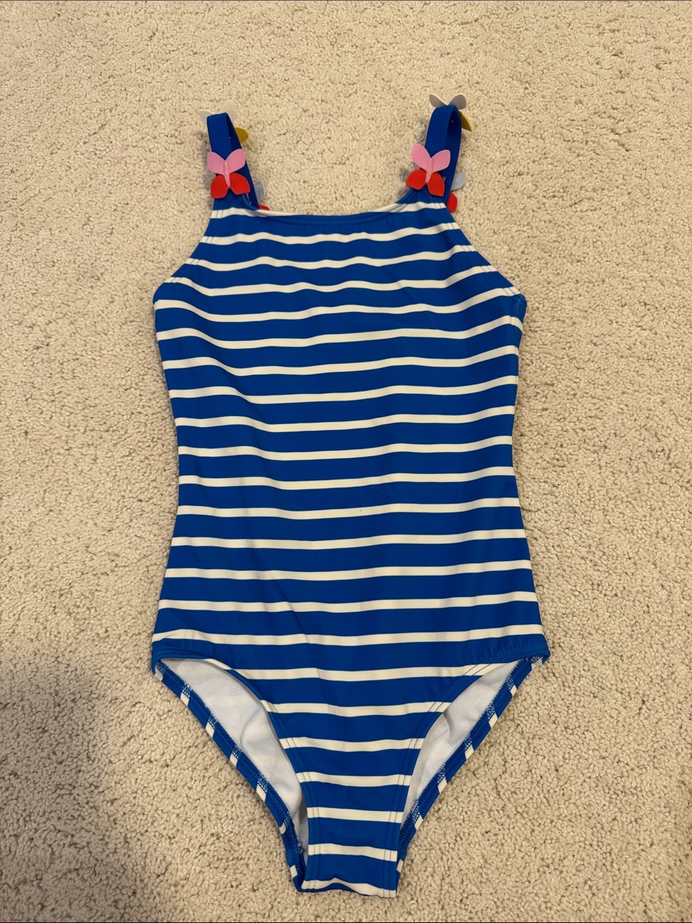 Mini Boden Blue and White Striped One-Piece with Butterfly Strap Accents